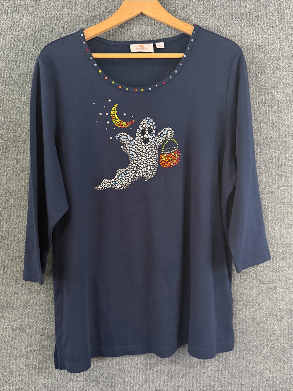 Quacker Factory Womens Embellished Top Size XL Blue Ghost Halloween 3/4 Sleeve